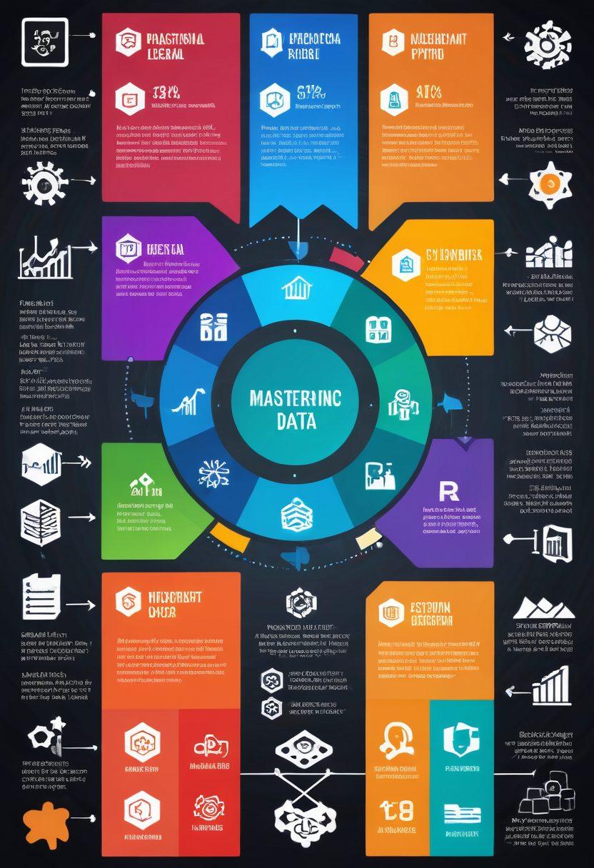 A visually engaging infographic illustrating the journey of mastering data science, featuring a progressive flowchart with key concepts like statistics, machine learning, and data analysis. Include vibrant icons representing various tools and trends like Python, R, and AI. The background should be a blend of tech-inspired patterns to add depth and interest. super-realistic. vibrant colors. 3D.
