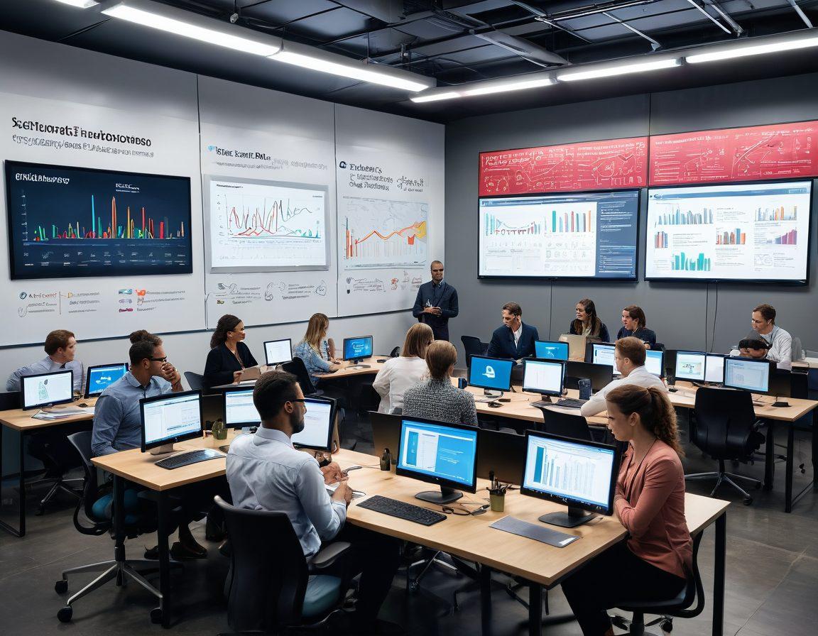 A modern workspace filled with books, data charts, and digital devices, showcasing a diverse group of people engaged in a dynamic brainstorming session. Include colorful infographics on the walls and a large screen displaying real-time data analysis. The ambiance should be bright and inspiring, emphasizing collaboration and knowledge sharing. super-realistic. vibrant colors. white background.